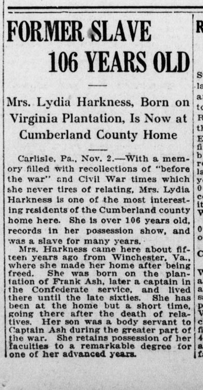 Feature article about former slave Lydia Harkness, age 106.